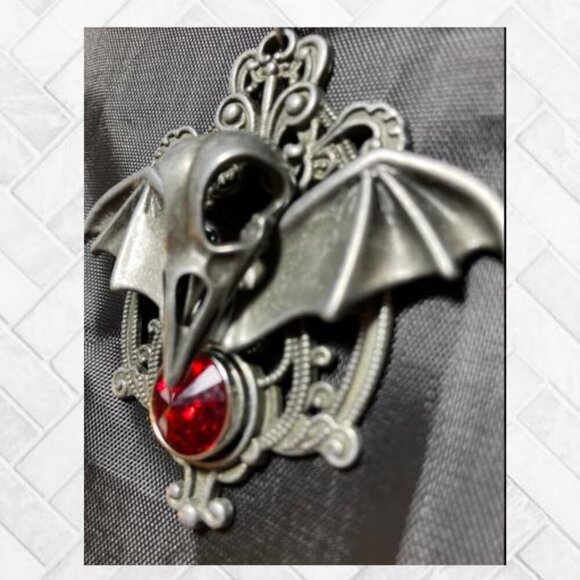 "Evil Bat" Bird Skeleton Head and Ruby-Colored Austrian Crystal Pendant - Picture 5 of 11